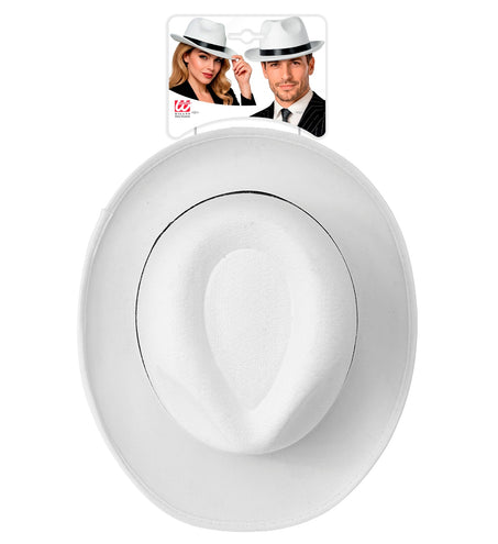 Witte fedorahoed van bovenaf met zwarte band en verpakkingskaart van Widmann