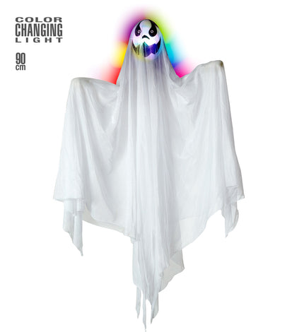 Witte geest met meerkleurig licht, kop gloeit in regenboogkleuren boven gespreide armen, halloweenversiering