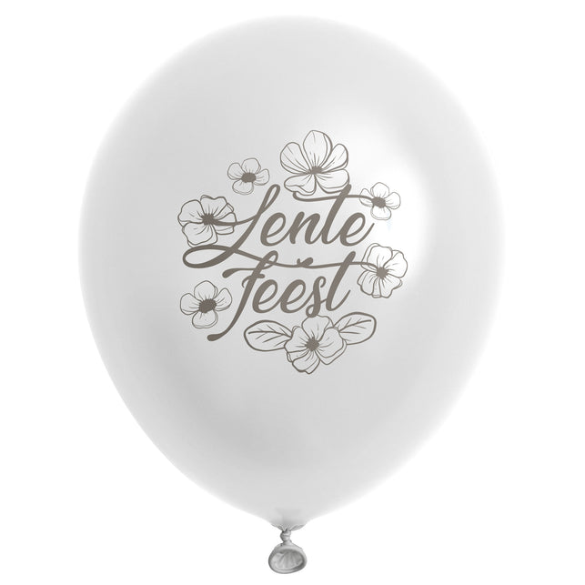 Witte lentefeest ballon met grijsbruine bloemen en sierletters
