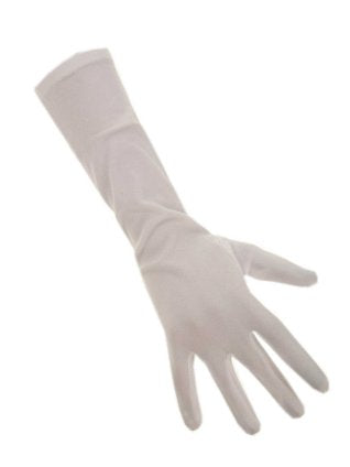 Witte nylon handschoen met rechte boord en losse vingers, voor een themafeest