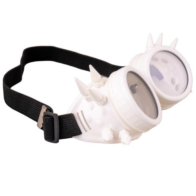Witte steampunk goggles zijaanzicht met puntige spikes en verstelbaar schuifje op de band