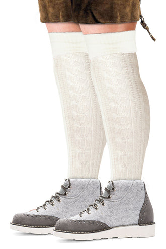 Witte Tiroler kniekousen tot onder de knie, detail van het gebreide kabelpatroon en de brede boord