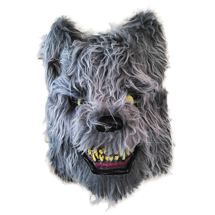 Wolvenmasker halloween in grijs met gele ogen, zwarte snuit en open muil met tanden