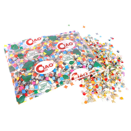 Zak confetti Party multikleur met ronde stippen en sterretjes van papier, deels uit de doorzichtige zak gestrooid