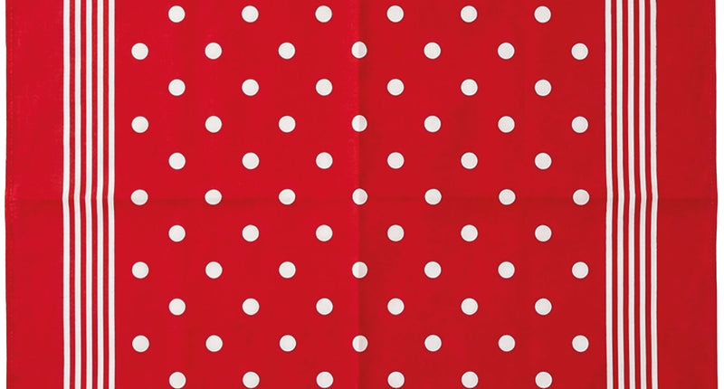 Zakdoek rood met wit uitgevouwen, rode katoenen doek met witte stippen en witte streeprand