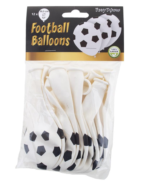 Zakje met 12 voetbal ballonnen van Funny Fashion, 30,5 cm latex, wit met zwarte vlakken