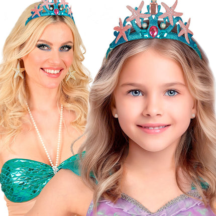 Zeemeermin tiara gedragen door meisje en dame bij een zeemeerminoutfit