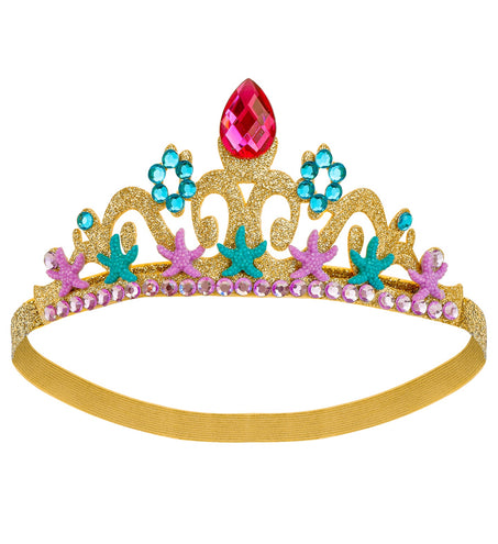 Zeemeermin tiara goud met turquoise en lila zeesterren en roze druppelsteen op elastische band