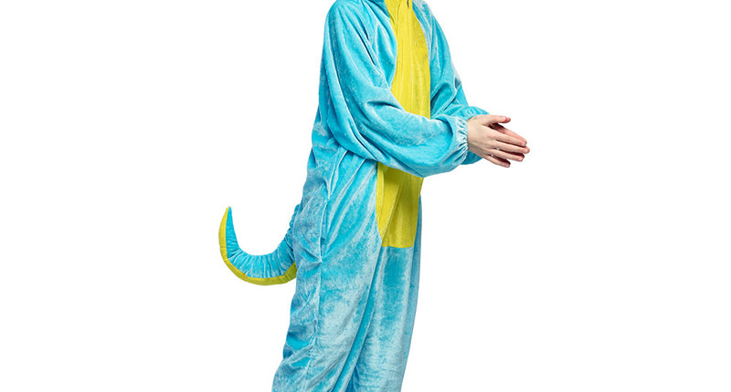 Zeepaardje kostuum pluche turquoise met gele buik en staart, gedragen door kind op themafeest