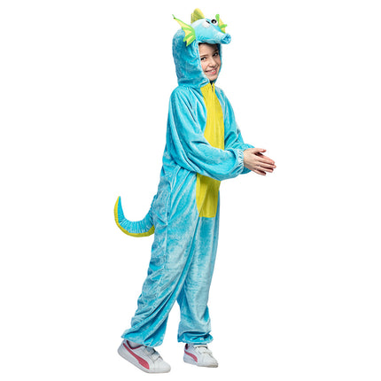 Zeepaardje kostuum pluche turquoise met gele buik en staart, gedragen door kind op themafeest