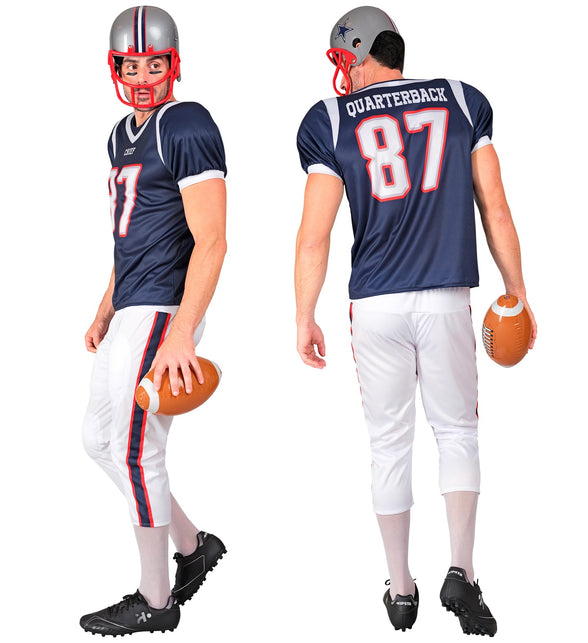 Zij- en achteraanzicht quarterback kostuum heren met donkerblauwe, rood afgezette streep langs de broek