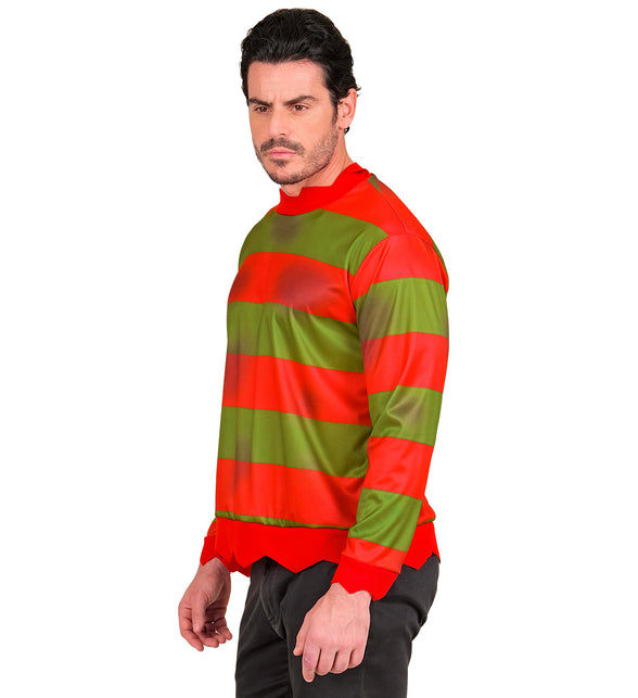 Zijaanzicht van het gestreepte fright night shirt heren met lange mouwen en rode boorden