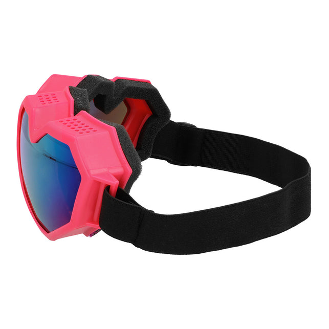 Zijaanzicht ski bril Festilove roze hartjes met zwarte schuimrand en verstelbare band