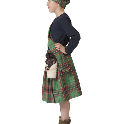 Zijkant van de groene kilt voor kinderen met geplooide ruitstof en bruin tasje aan de riem
