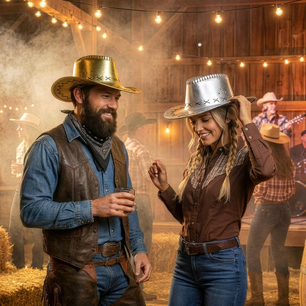 Zilveren cowboyhoed Savanne gedragen door een vrouw met vlechten op een westernfeest in een schuur