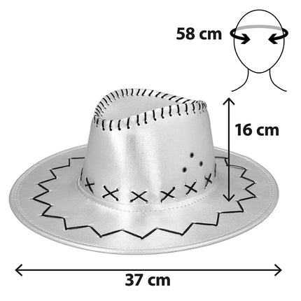 Zilveren cowboyhoed Savanne met maten: 58 cm hoofdomtrek, 16 cm hoge bol en 37 cm breed