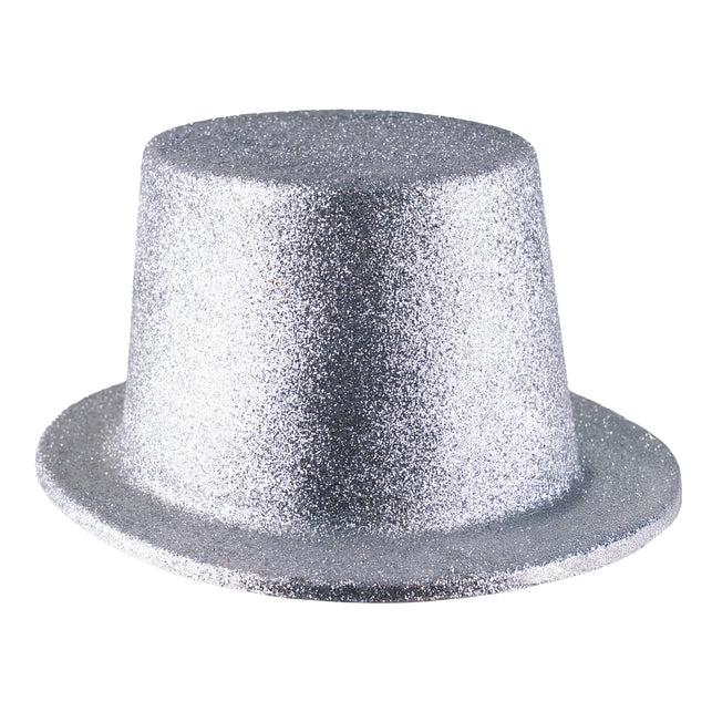 Zilveren hoge hoed met glitters, rechte bol met platte bovenkant en smalle rand, voor een glamourfeest