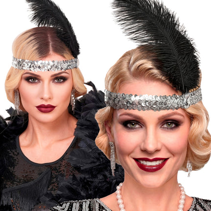 Zilveren jaren 20-haarband met veren gedragen door dames op een flapperfeest