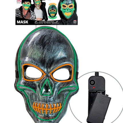 Zilveren schedel masker met ledlicht in verpakking, met los batterijkastje en elastieken band