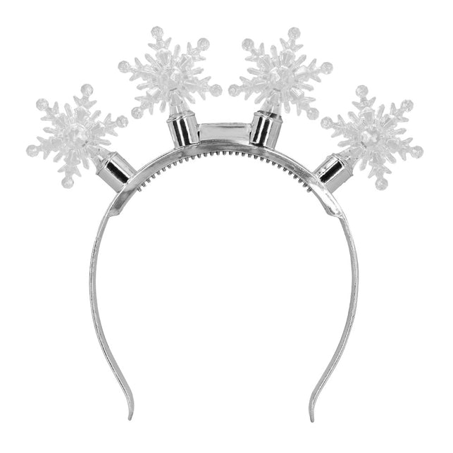 Zilverkleurige haarband met vier doorzichtige sneeuwvlokken en lampjes, smalle beugel met tandjes