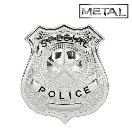 Zilverkleurige politiebadge in schildvorm met ster en de opschriften SPECIAL en POLICE