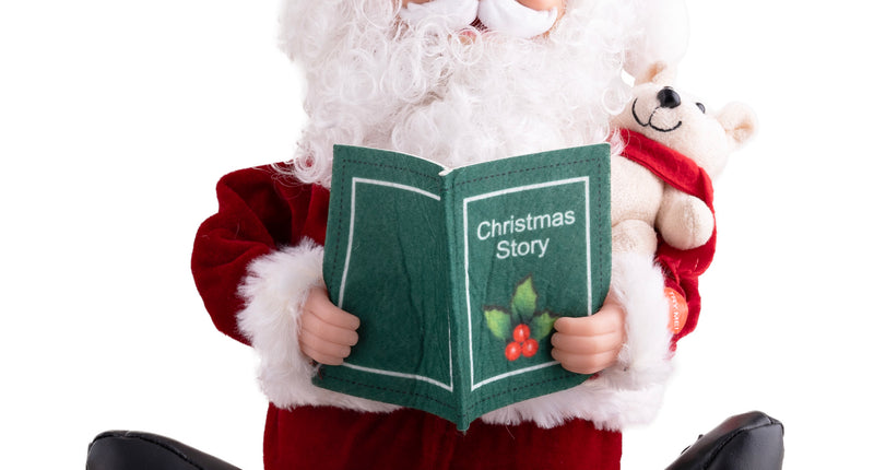 Zittende kerstman pop 35 cm in rood pak met groen voorleesboek en beertje voor kerstdecoratie