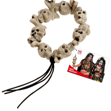 Zombie armband met schedels en botjes, zwart koord met geknoopte losse uiteinden