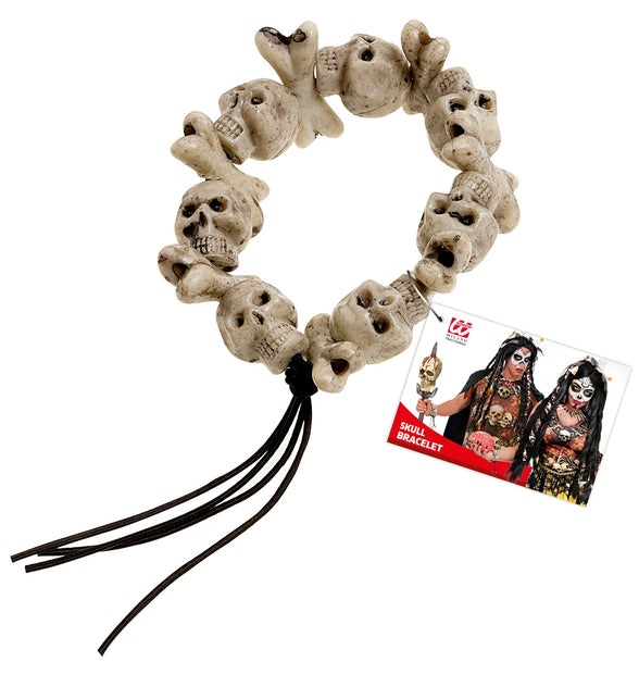 Zombie armband met schedels en botjes, zwart koord met geknoopte losse uiteinden