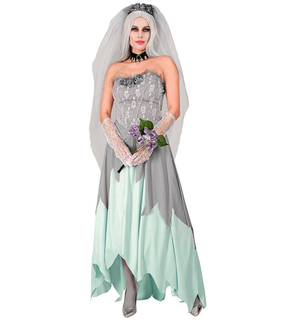 Zombie bruid pakje dames met grijs kanten korset, mintgroene gepunte rok en bloemensluier voor Halloween