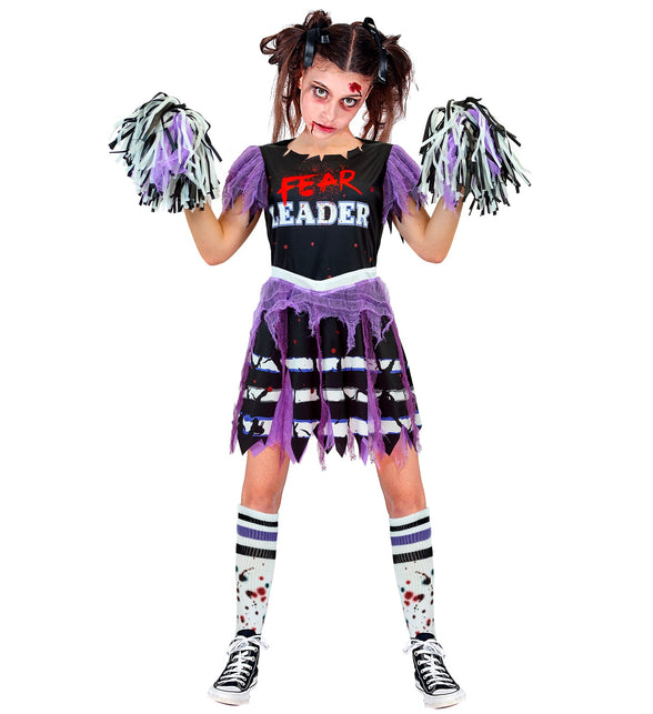 Zombie cheerleader jurkje in zwart met paars gaas en FEAR LEADER-print voor Halloween