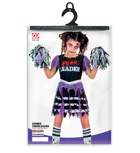 Zombie cheerleader kinderkostuum in verpakking met maattabel 116 tot 164 cm