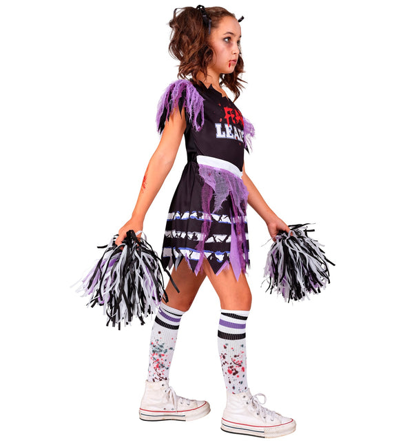 Zombie cheerleader outfit van de zijkant met gerafelde puntzoom en paars gaas