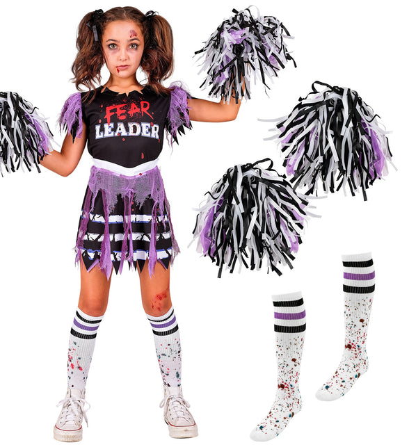 Zombie cheerleader set met jurk, gespetterde kniesokken en zwart-wit-paarse pom poms