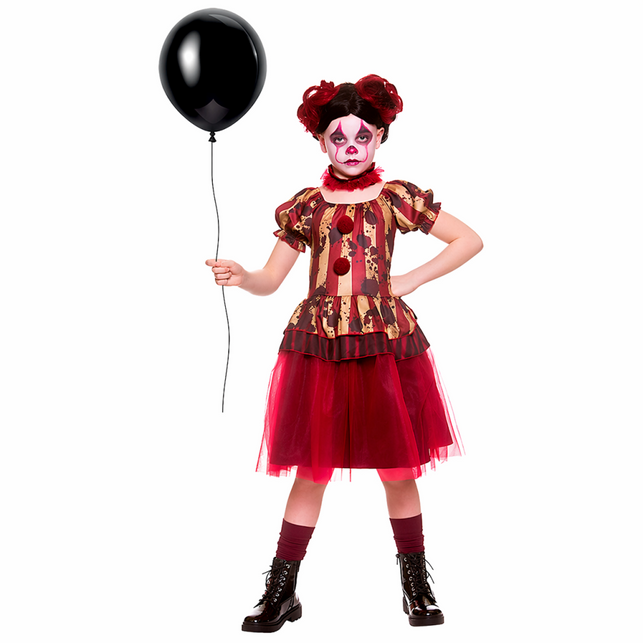 Zombie circus clown kostuum meiden met rood-bruin gestreept jurkje, bloedspatten en rode tulen rok voor Halloween