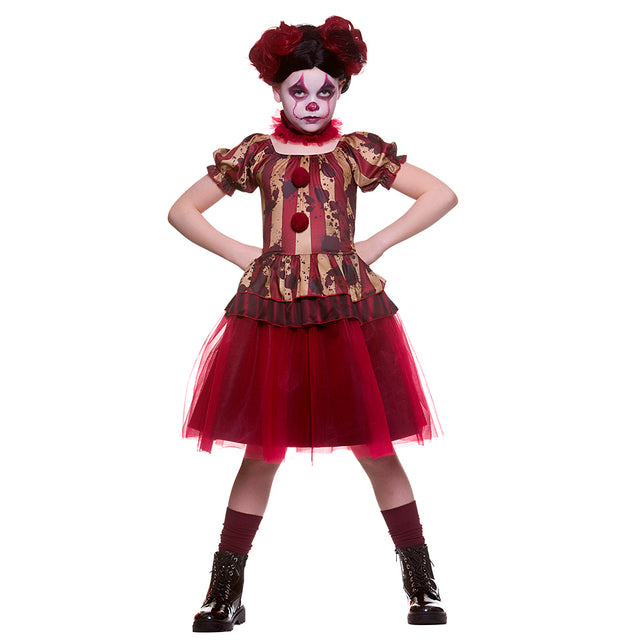 Zombie clown jurkje met twee bordeauxrode pompons op het gestreepte lijfje