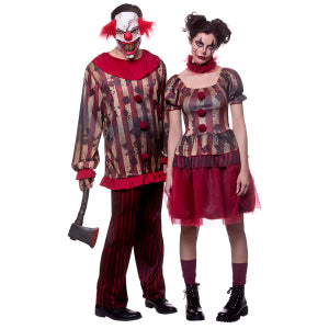 Zombie clown kostuum Bente gedragen naast een herenclownspak op een griezelfeest