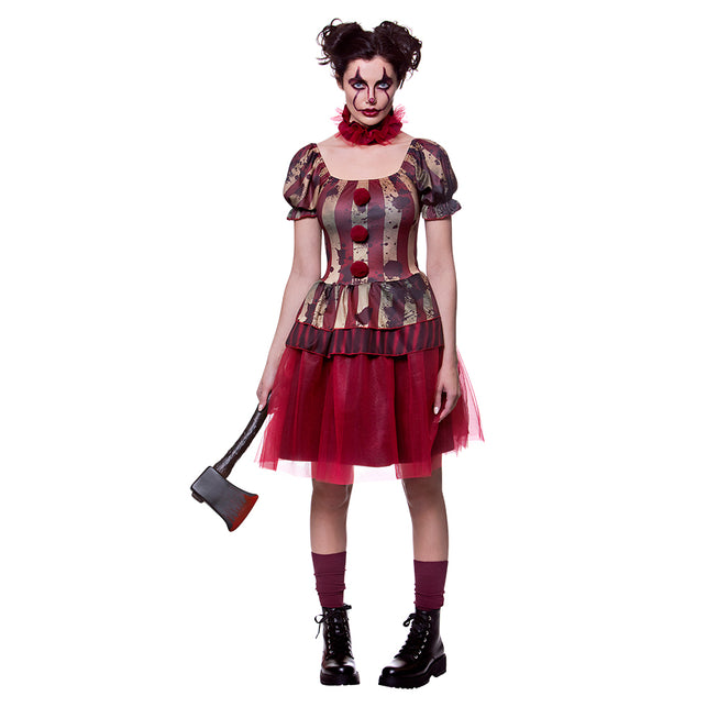 Zombie clown kostuum Bente met rood-beige gestreept lijfje en rode tulerok voor Halloween