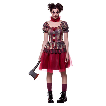 Zombie clown kostuum Bente met rood-beige gestreept lijfje en rode tulerok voor Halloween