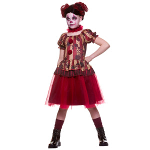 Zombie clown kostuum meisjes met rood ruche-halsbandje en pofmouwtjes