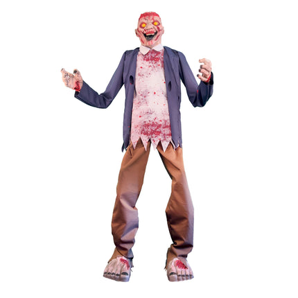 Zombie decoratiepop 215 cm met oplichtende ogen, bebloed hemd en grijs colbert voor Halloween