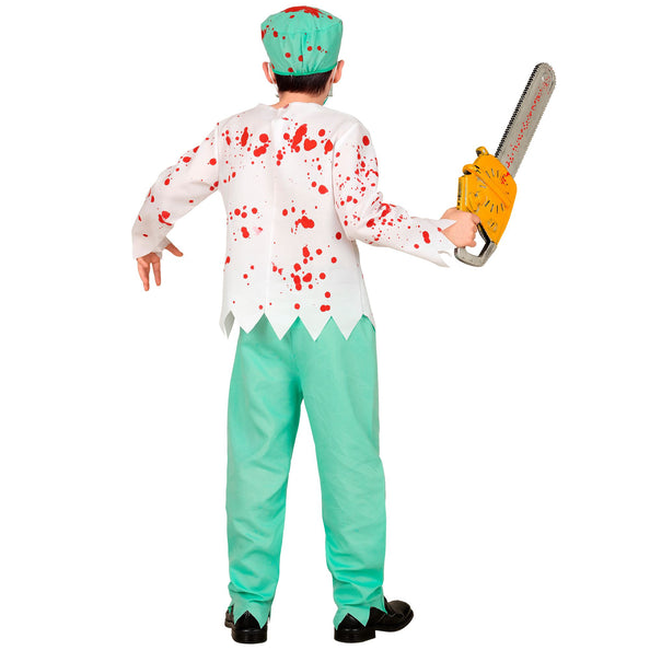 Zombie dokter kostuum jongens achteraanzicht met groen hoedje en gerafelde broekzomen
