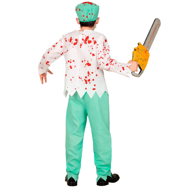 Zombie dokter kostuum jongens achterkant met puntige zoom en rode spatten op de witte jas