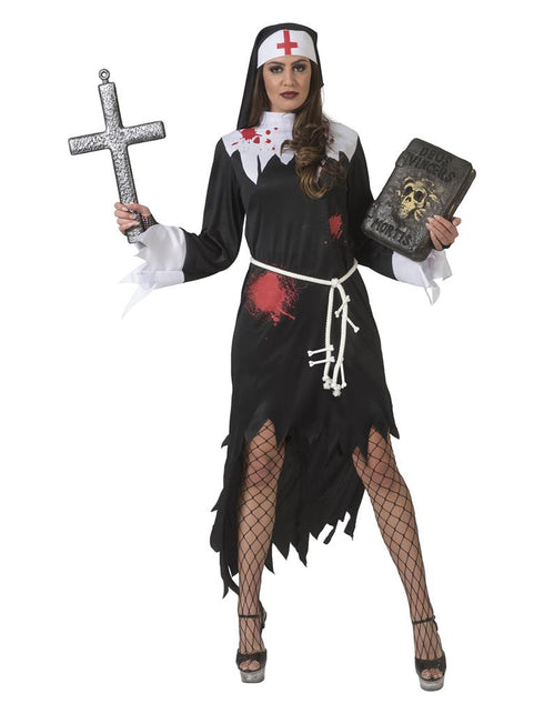Zombie duivelse non Andrea met zwarte jurk, bloedspatten en witte kap met rood kruis voor Halloween