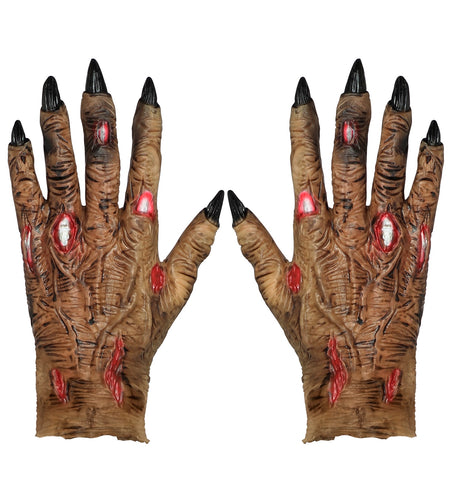 Zombie handschoenen in bruin met zwarte klauwnagels en rode wonden, paar voor Halloween