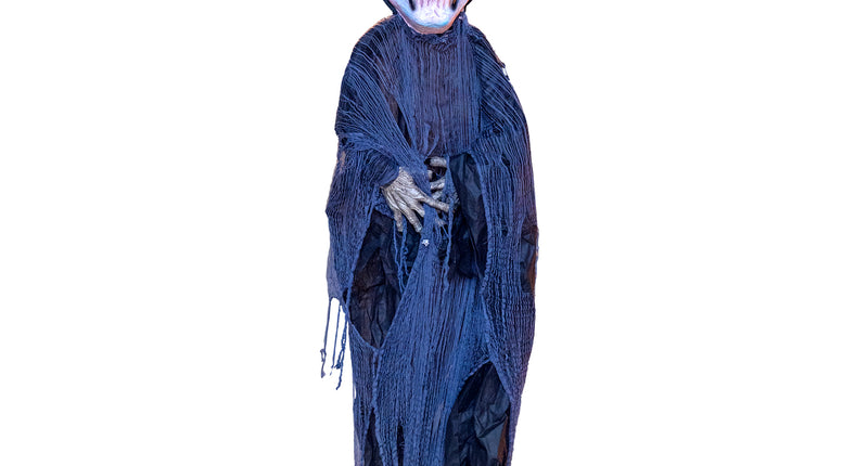 Zombie hangdecoratie met grijnzende schedel, rode oplichtende ogen en grijze gerafelde lompen voor Halloween