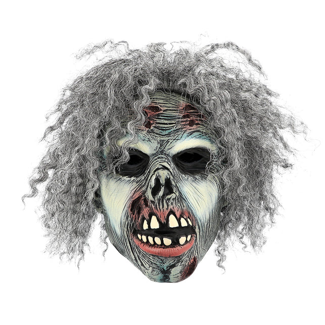 Zombie hoofdmasker van latex met wonden op het voorhoofd, rode mond en gele tanden