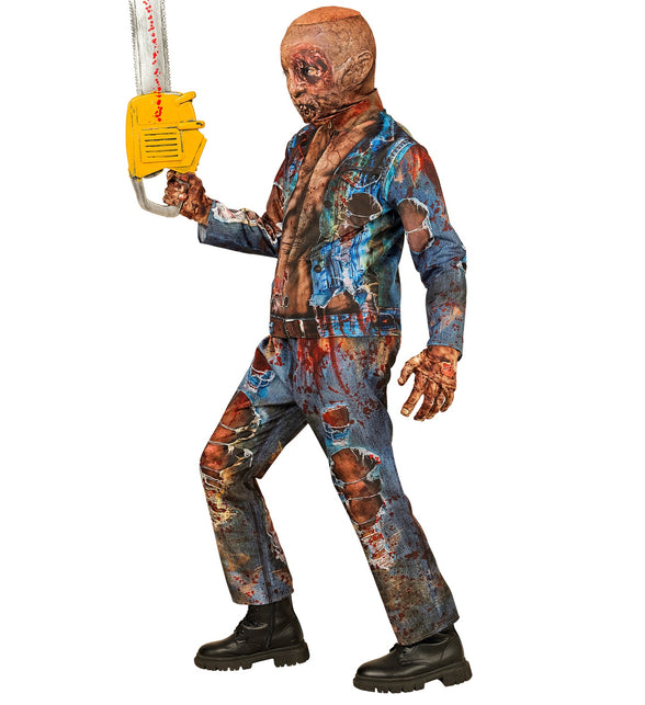 Zombie kostuum Liv kinderen van de zijkant, verweerde denimlook met roestbruine vlekken