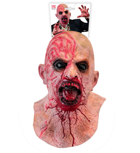 Zombie latexmasker in de verpakking van Widmann met bloedsporen op de hals