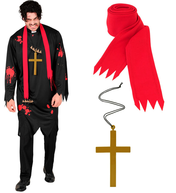 Zombie priester kostuum Henk met losse rode sjaal met gepunte slippen en goudkleurig kruis aan koord