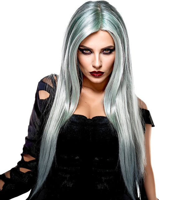 Zombie pruik Jill dames met lang steil grijsgroen haar en middenscheiding voor Halloween